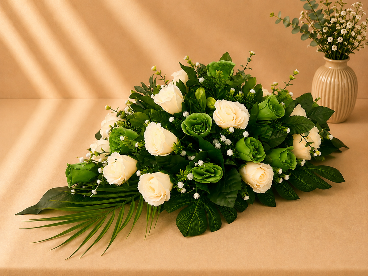 Coffin Spray - Green and Ivory Roses artificial silk coffin spray