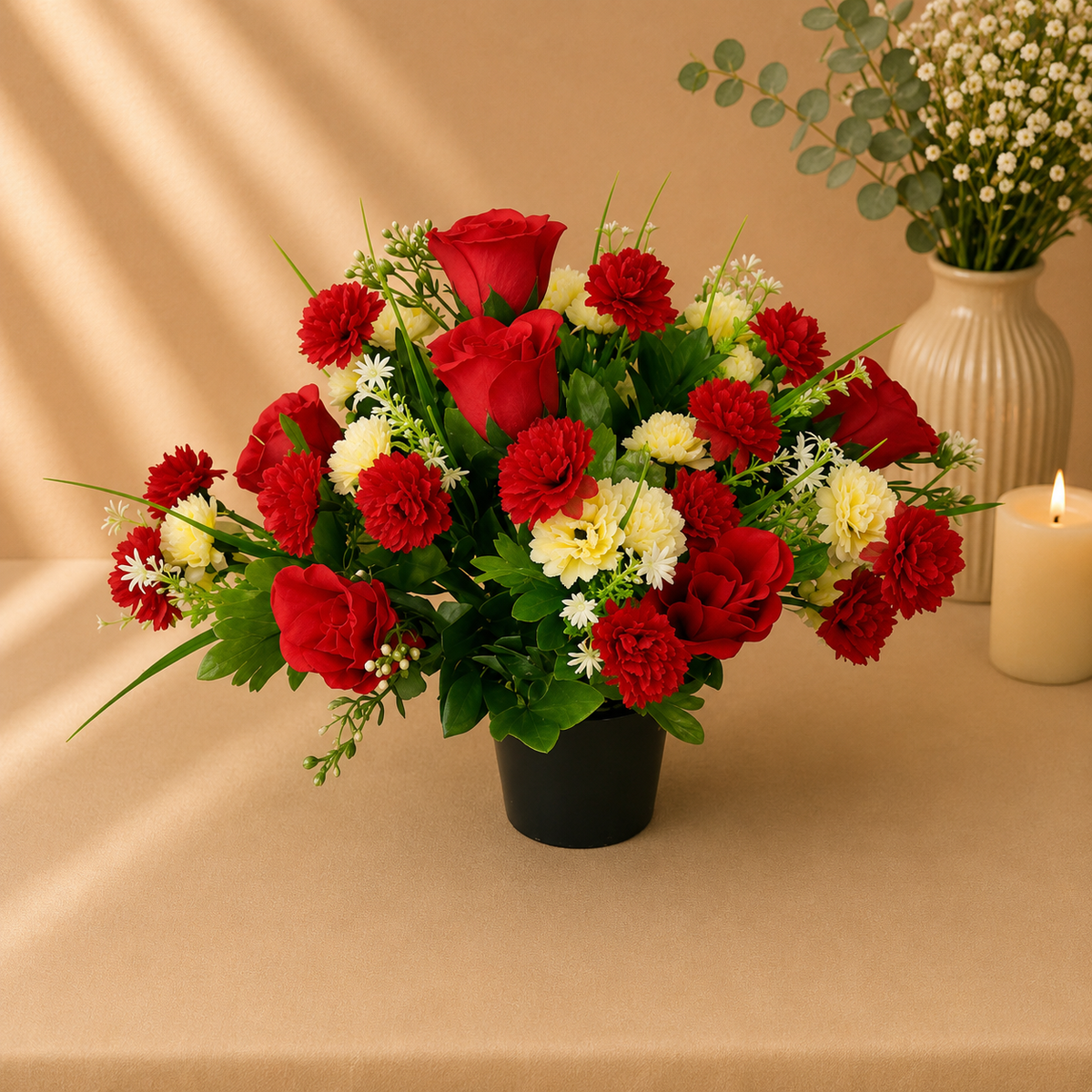 Grave Pot - Red Chrysanthemums and Red Roses artificial silk memorial grave pot