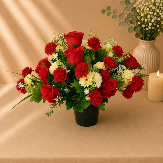 Grave Pot - Red Chrysanthemums and Red Roses artificial silk memorial grave pot