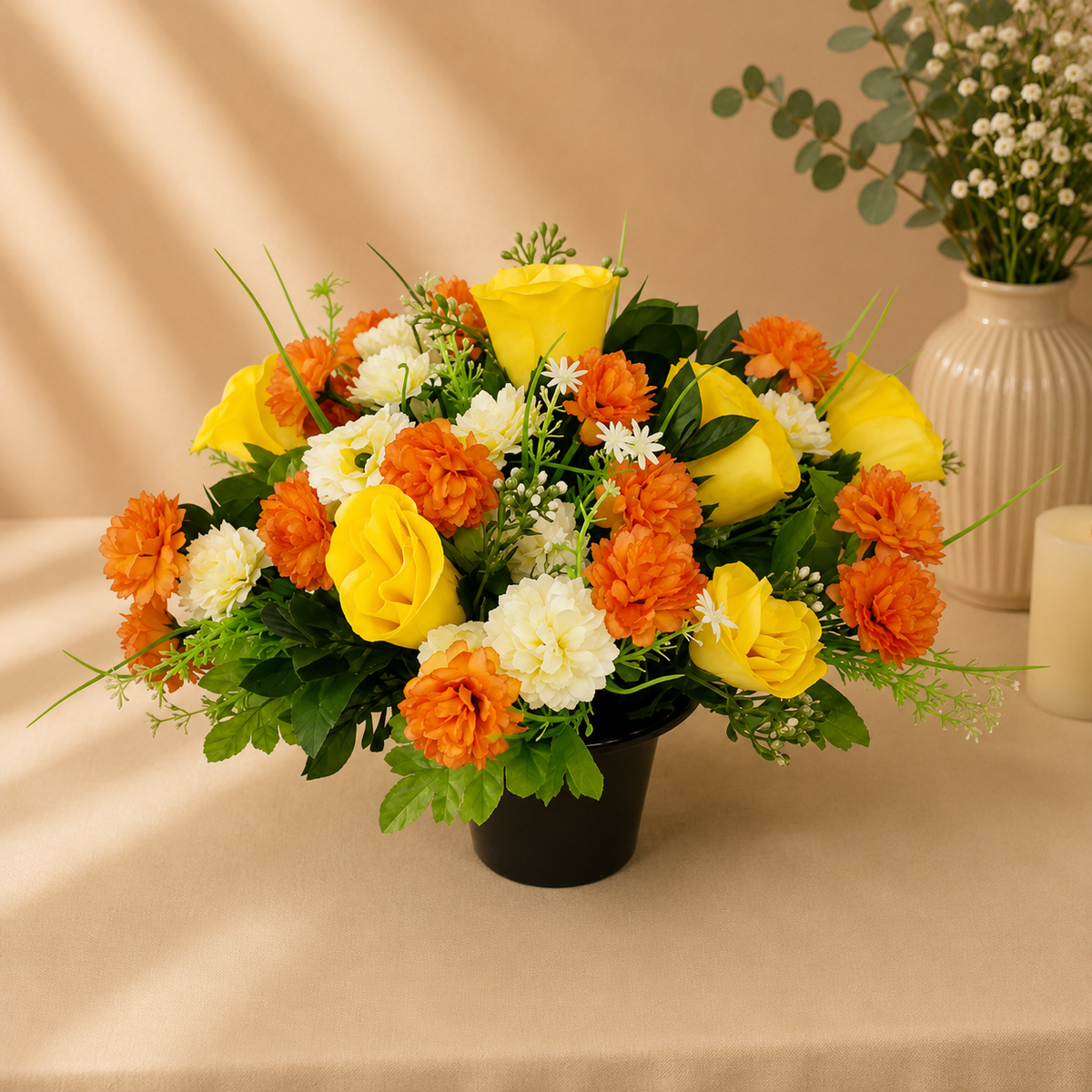 Grave Pot - Orange Chrysanthemums and Yellow Roses artificial silk memorial grave pot