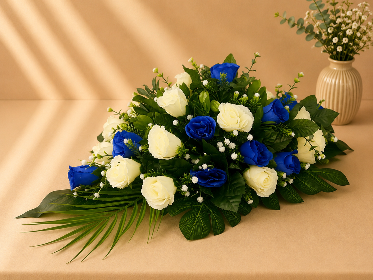 Coffin Spray - Royal Blue and Ivory Roses artificial silk coffin spray
