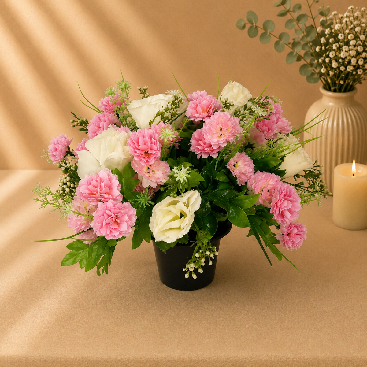 Grave Pot - Pink Chrysanthemums and Pink Roses artificial silk memorial grave pot