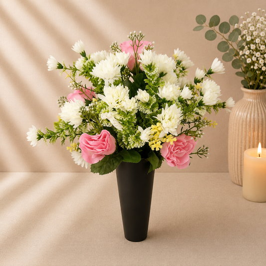 Grave Spike - Ivory Chrysanthemums and Pink Roses artificial silk memorial grave spike
