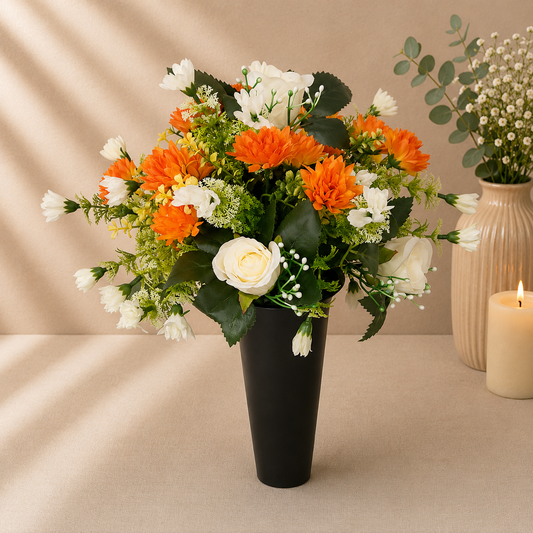 Grave Spike - Orange Chrysanthemums and Ivory Roses artificial silk memorial grave spike