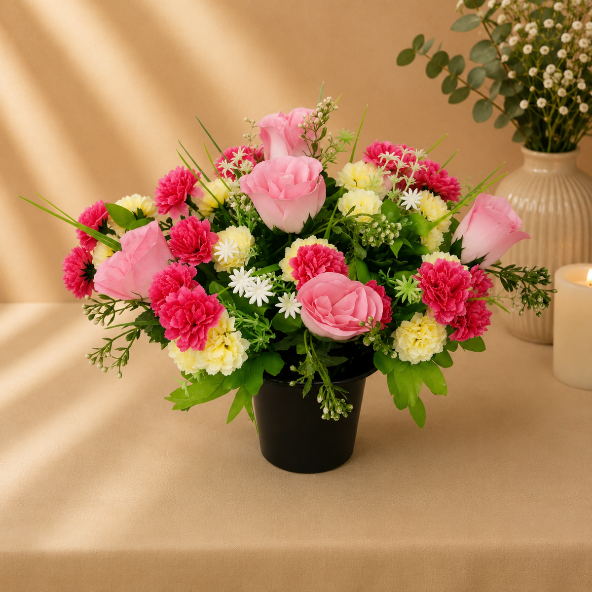 Grave Pot - Cerise Chrysanthemums and Pink Roses artificial silk memorial grave pot