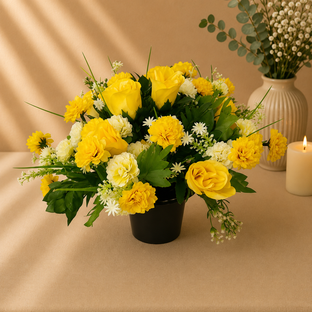 Grave Pot - Yellow Chrysanthemums and Yellow Roses artificial silk memorial grave pot