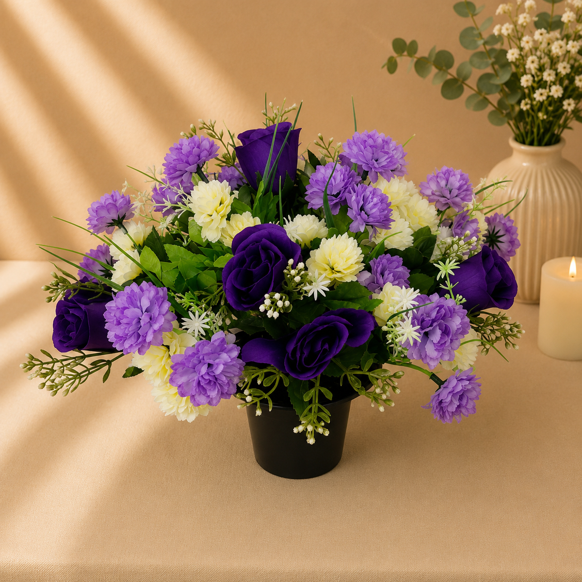 Grave Pot - Purple Chrysanthemums and Purple Roses artificial silk memorial grave pot