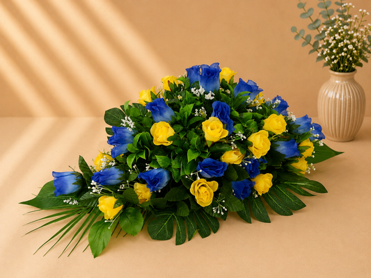 Coffin Spray - Royal Blue and Yellow Roses artificial silk coffin spray