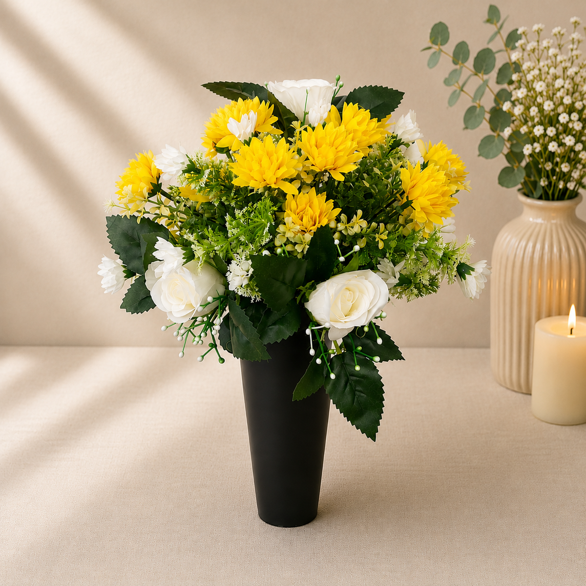 Grave Spike - Yellow Chrysanthemums and Ivory Roses artificial silk memorial grave spike