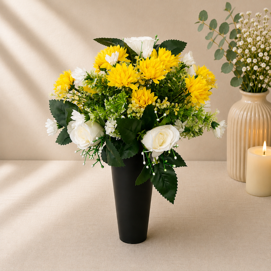 Grave Spike - Yellow Chrysanthemums and Ivory Roses artificial silk memorial grave spike