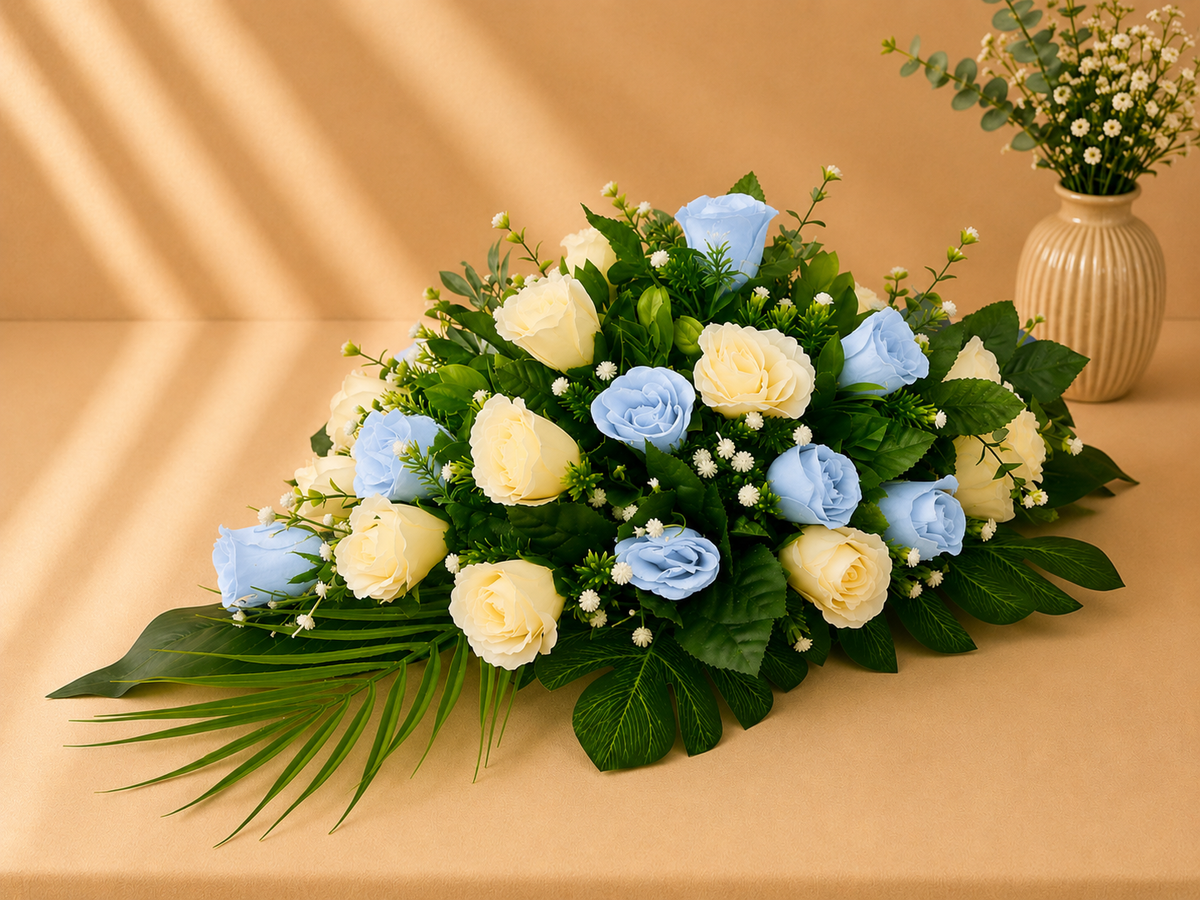 Coffin Spray - Baby Blue and Ivory Roses artificial silk coffin spray