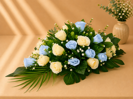 Coffin Spray - Baby Blue and Ivory Roses artificial silk coffin spray