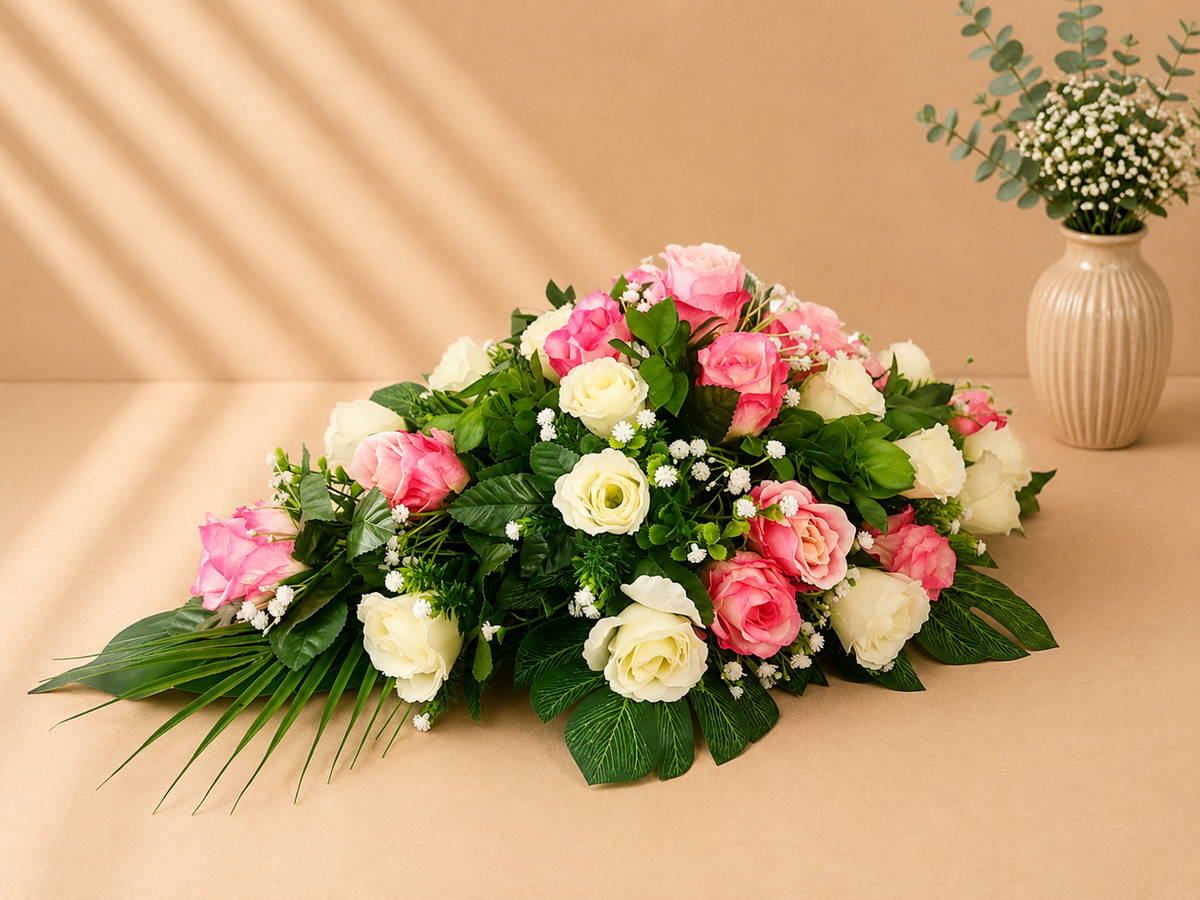 Coffin Spray - Pink and Ivory Roses artificial silk coffin spray