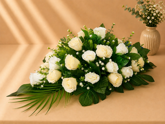 Coffin Spray - White and Ivory Roses artificial silk coffin spray