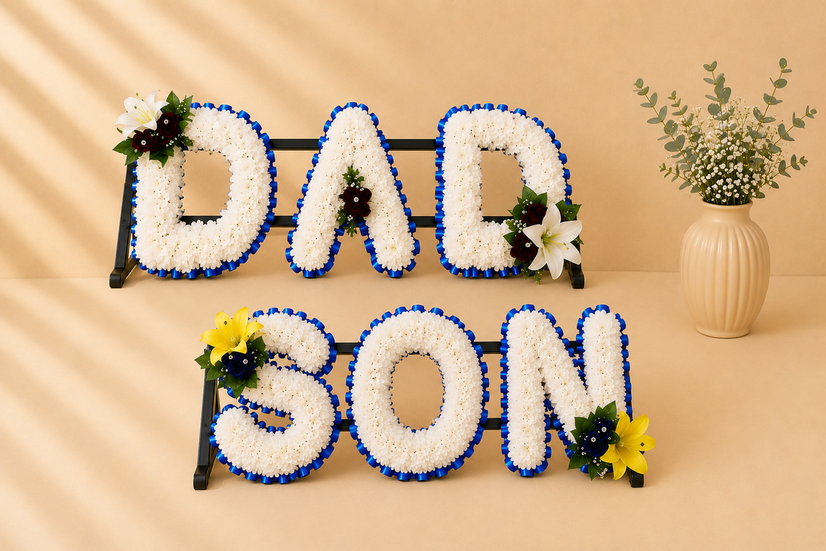 DAD, SON Lily Funeral Package artificial silk funeral flower package