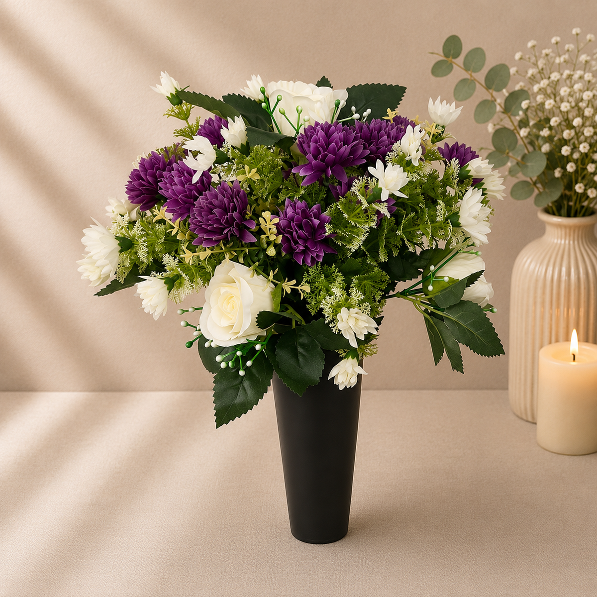 Grave Spike - Purple Chrysanthemums and Ivory Roses artificial silk memorial grave spike