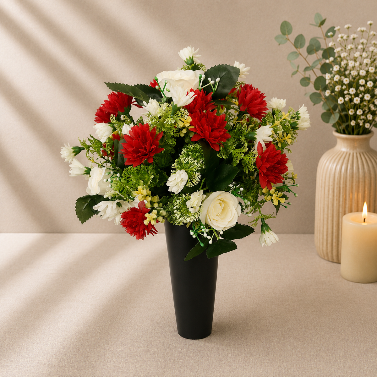 Grave Spike - Red Chrysanthemums and Ivory Roses artificial silk memorial grave spike