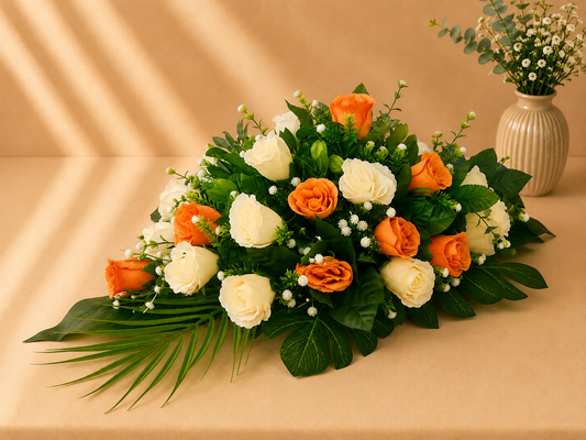 Coffin Spray - Orange and Ivory Roses artificial silk coffin spray